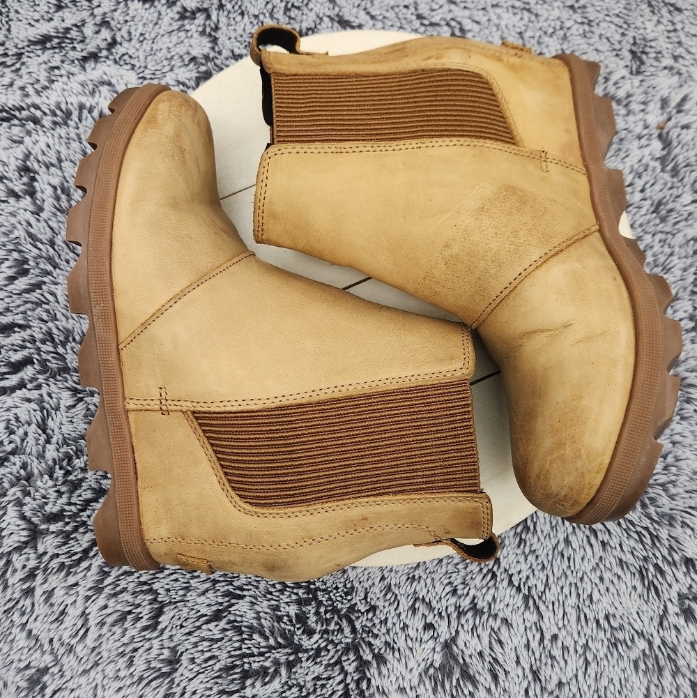 SOREL Joan of Arctic Wedge II Camel Tan Chelsea Leather Boots Women’s Size 7.5 - Picture 5 of 9